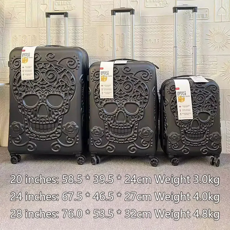 valise 3d crâne 20/24/28 pouces, nouvelle collection, bagage cabine à roulettes, lot de 3 valises, valise trolley avec serrure douanière tsa