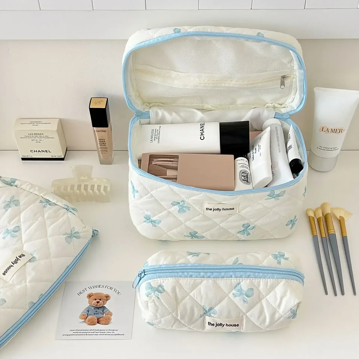 sac de maquillage coréen imprimé nœud pour femmes, trousse à cosmétiques portable de grande capacité pour articles de toilette de voyage, sac de rangement de cosmétiques