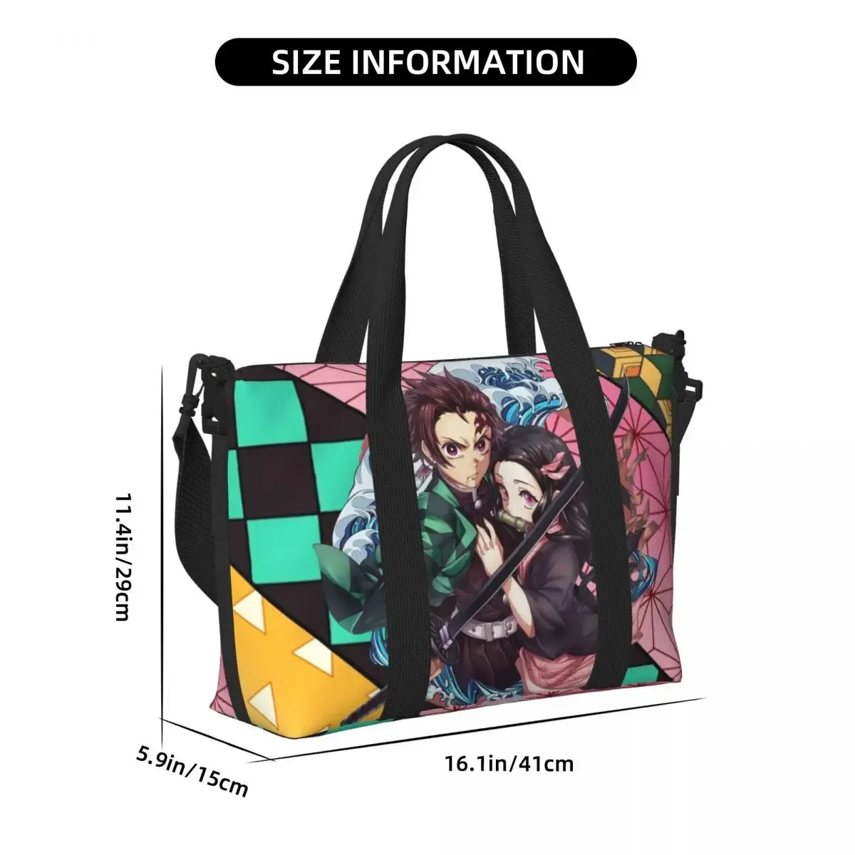 sac fourre-tout de plage personnalisé demons slayers anime manga pour femmes, tanjiro kamado nezuko, grand compartiment, sacs de voyage de plage de gym