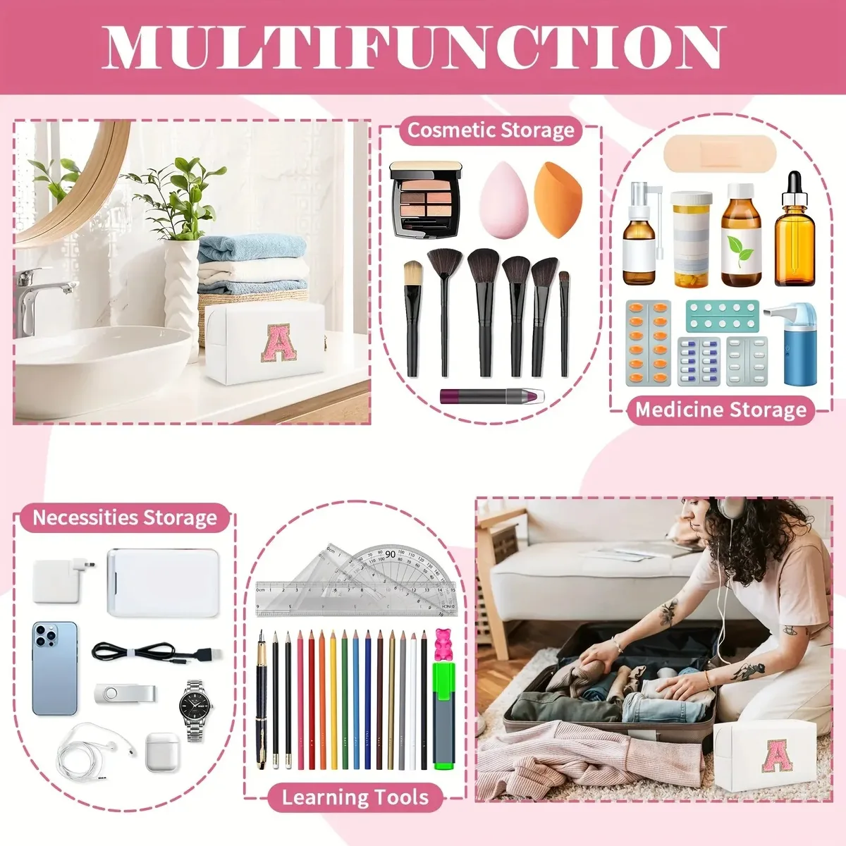 trousse de maquillage preppy pour femmes, trousse de toilette de voyage, sac à cosmétiques avec lettres en chenille, pochette étanche en cuir pu, joli organisateur à fermeture éclair-ll