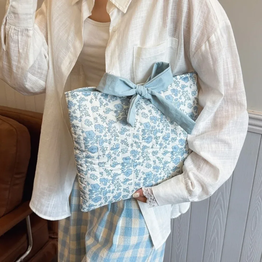 sac de rangement portable pour livres à motif floral, grande capacité, léger, organiseur de cosmétiques, design matelassé, trousse de maquillage avec nœud papillon, style universitaire