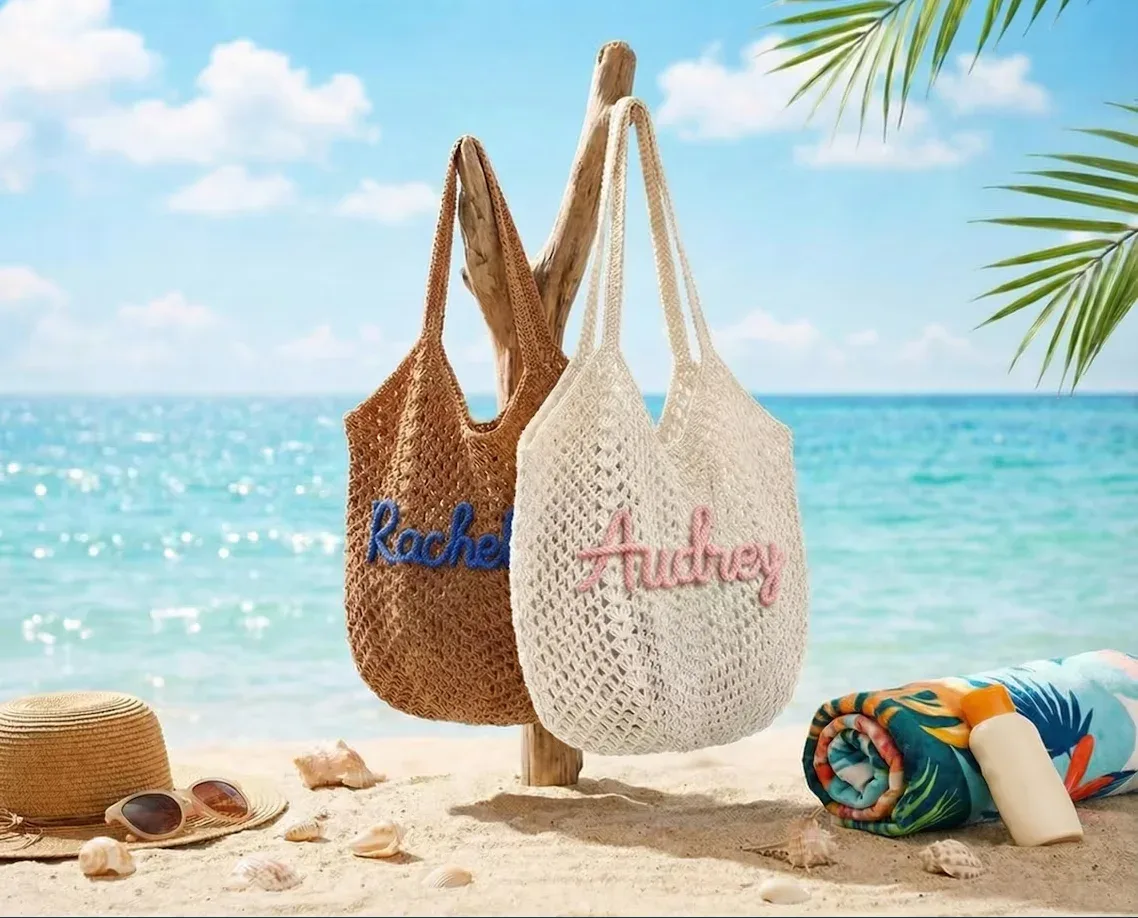 sac de plage au crochet personnalisé, sac fourre-tout d'été, sac cadeau pour demoiselle d'honneur, sac cadeau pour enterrement de vie de jeune fille, sac artisanal écologique