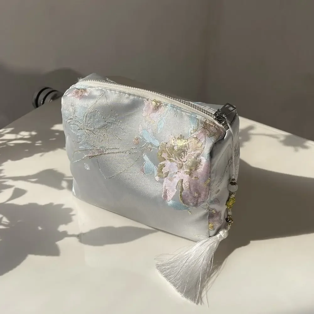 pochette cosmétique portable en polyester avec fermeture éclair, broderie florale, style chinois, organiseur de maquillage, pour voyage