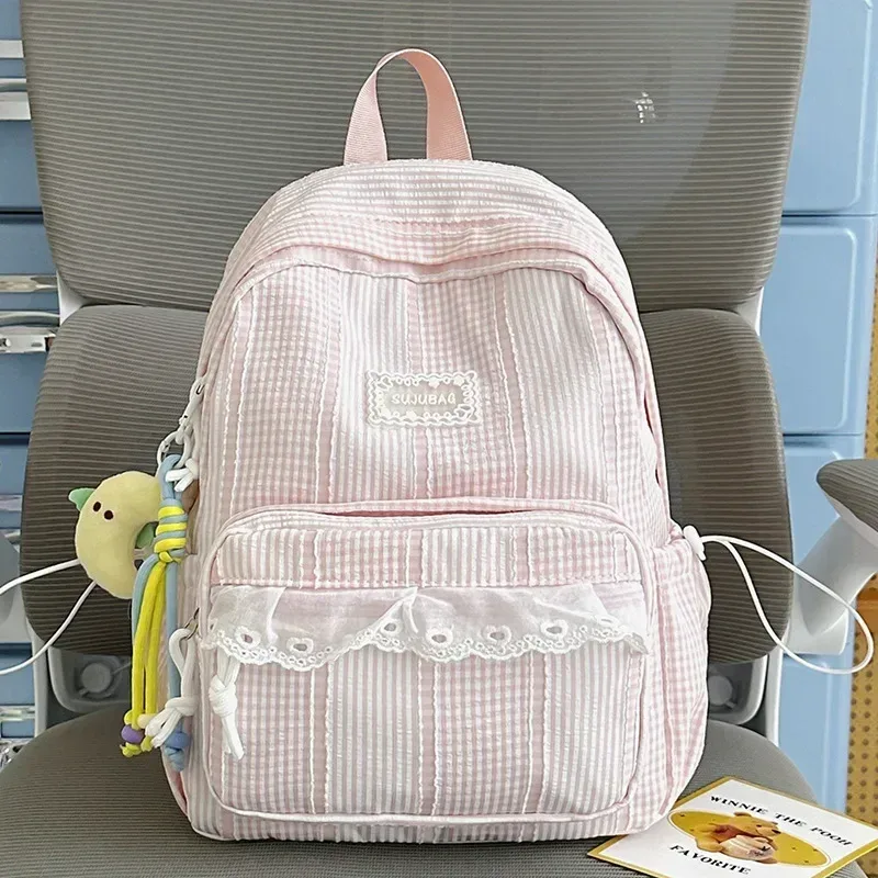Sac à dos coréen simple et esthétique en dentelle à volants, couleur unie, rayé, grande capacité, pour étudiantes, idéal pour l'école, les trajets quotidiens et les voyages