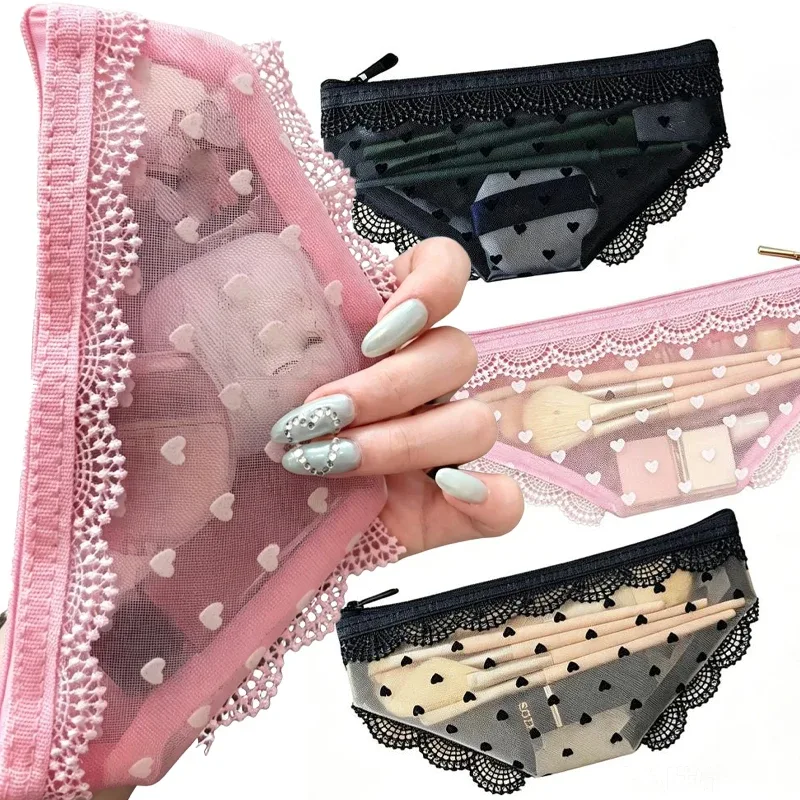 Pochette de maquillage en maille tendance avec bordure en dentelle transparente, pochette de rangement décorative avec fermeture éclair, organisateur de bijoux et écouteurs