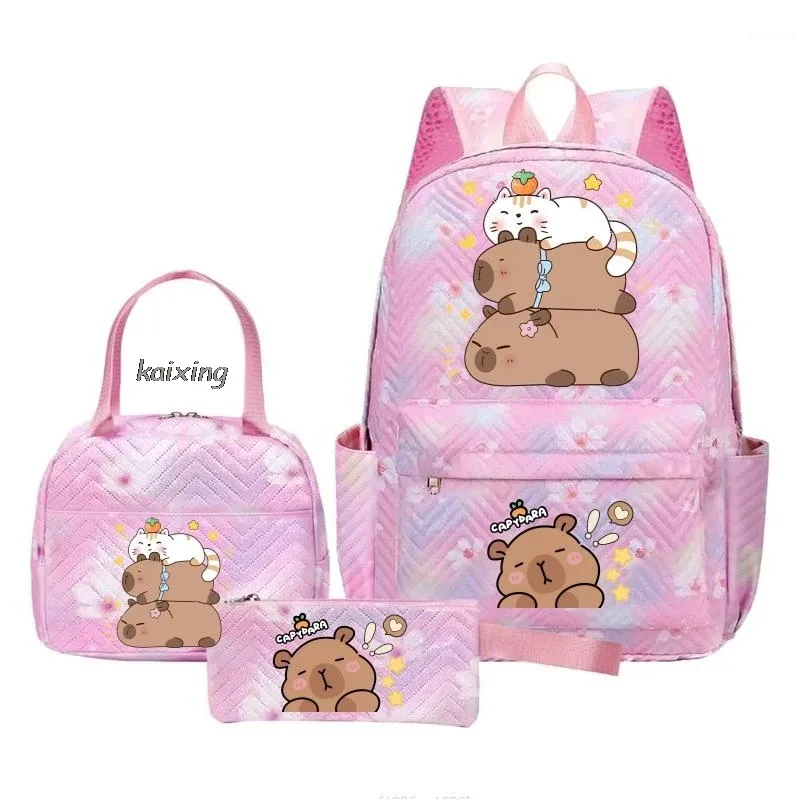sacs à dos kawaii imprimés capybara, ensemble sac d'école, sac à déjeuner, trousse à crayons, cadeau de rentrée scolaire pour fille, sacs de loisirs, mochila, sacs de voyage pour adolescents