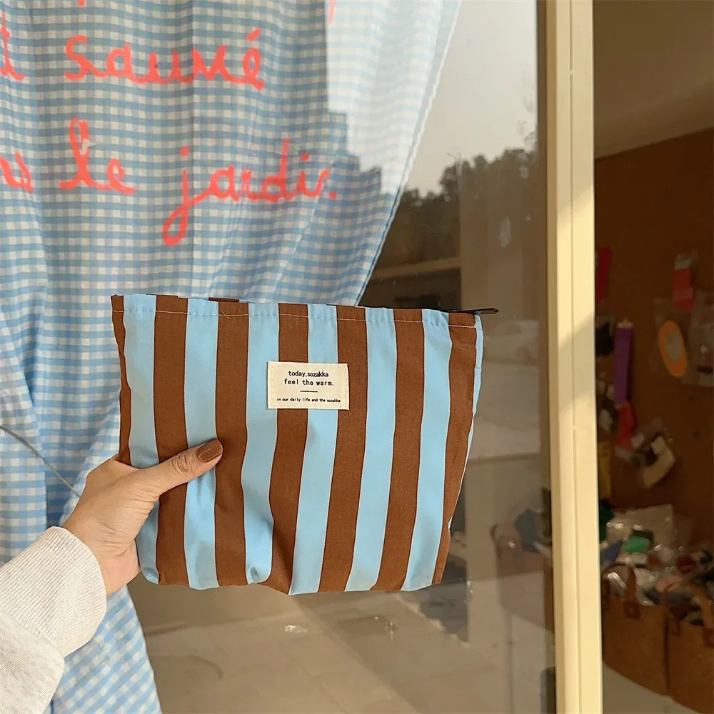 sacs de rangement rayés contrastés pour femmes, sacs cosmétiques mignons de grande capacité, trousse de maquillage, pochette en toile, sacs à main