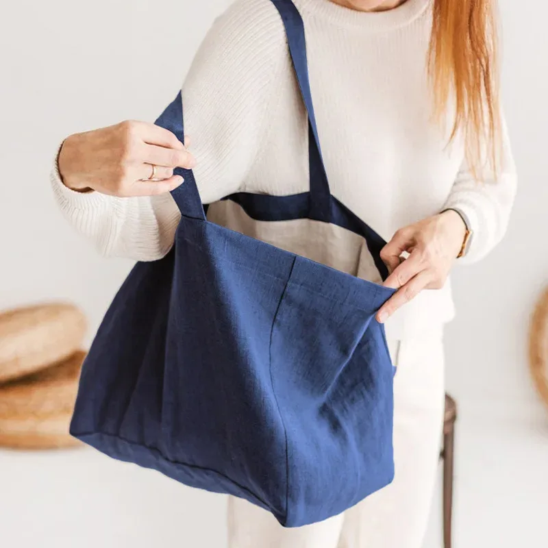 sacs de shopping en lin décontractés pour femmes, sacs d'articles divers réutilisables pliables, sacs à bandoulière de plage de voyage, grands sacs à main