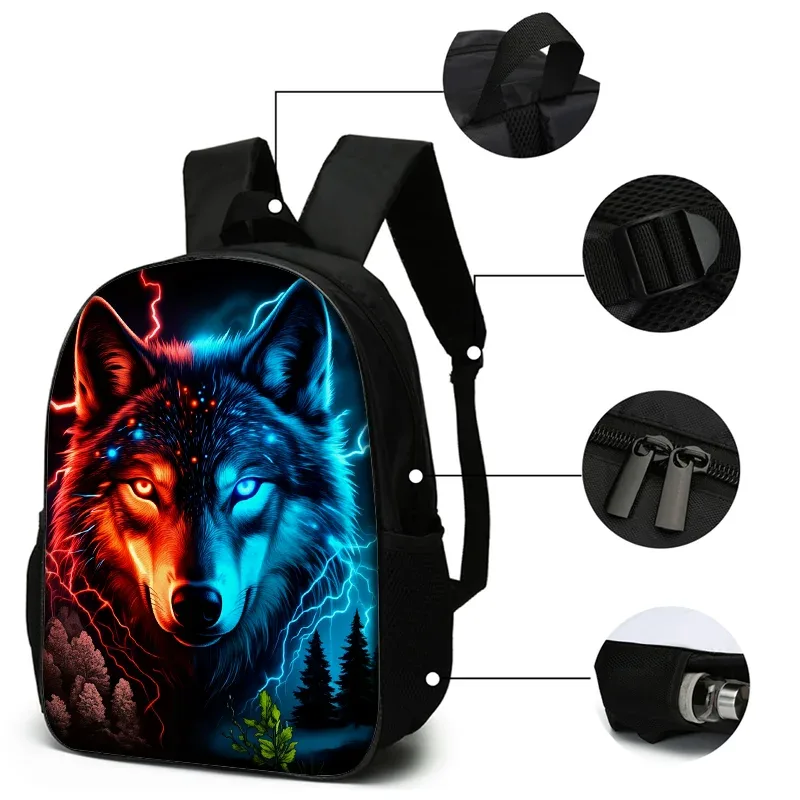 ensemble de 3 sacs à dos à motif loup, légers, grande capacité, sac d'école, sac de voyage avec sac à bandoulière, sacs à crayons, cadeau parfait pour les enfants