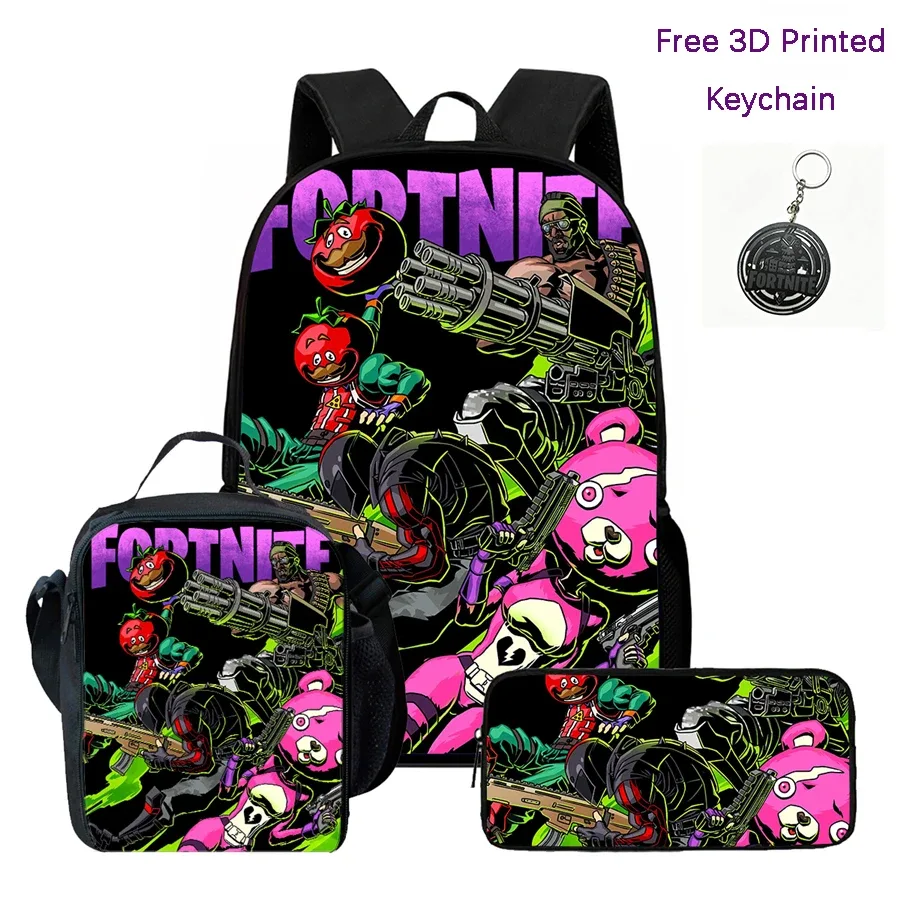 ensemble de 3 sacs à dos pour enfants, sac à lunch et trousse à crayons, sac fortnite à motif de dessin animé, léger pour garçons et filles de 6 à 10 ans, porte-clés imprimé en 3d gratuit