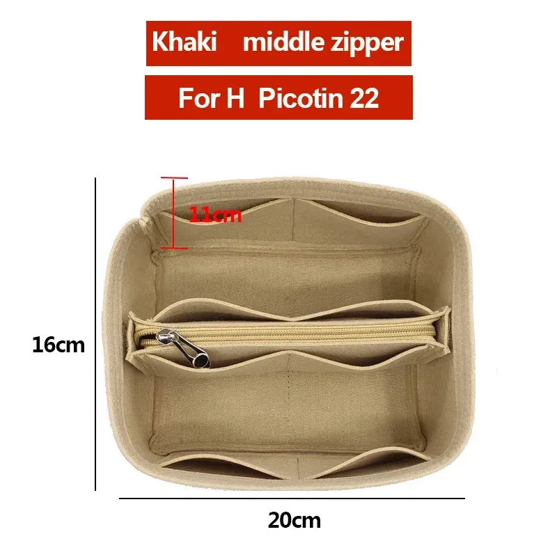 organisateur insérer sac de rangement intérieur feutre sac à main shaper stockage cosmétique insérer sac à main avec fermeture éclair adapté pour h picotin 18 22