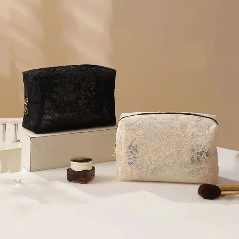 sac de maquillage en dentelle pour femmes, grande capacité, organisateur de cosmétiques et de bijoux, sac de toilette carré portable à fermeture éclair