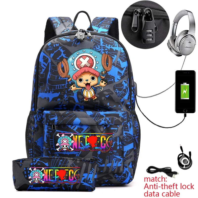 Sac à dos antivol pour étudiants avec imprimé Tony Chopper, avec trousse à crayons, sac à dos décontracté pour garçons, filles et adolescents