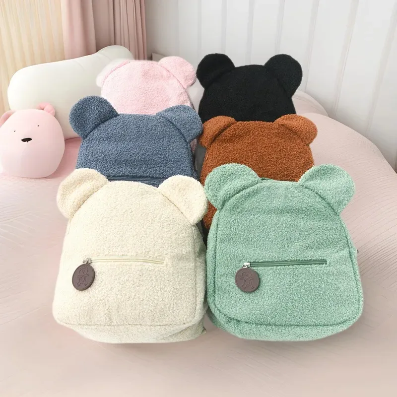Sac à dos mignon en polaire avec oreilles d'ours pour filles, 1 petit sac à dos chaud en laine d'agneau, sac d'école décontracté pour enfants, sac à dos pour voyage et shopping
