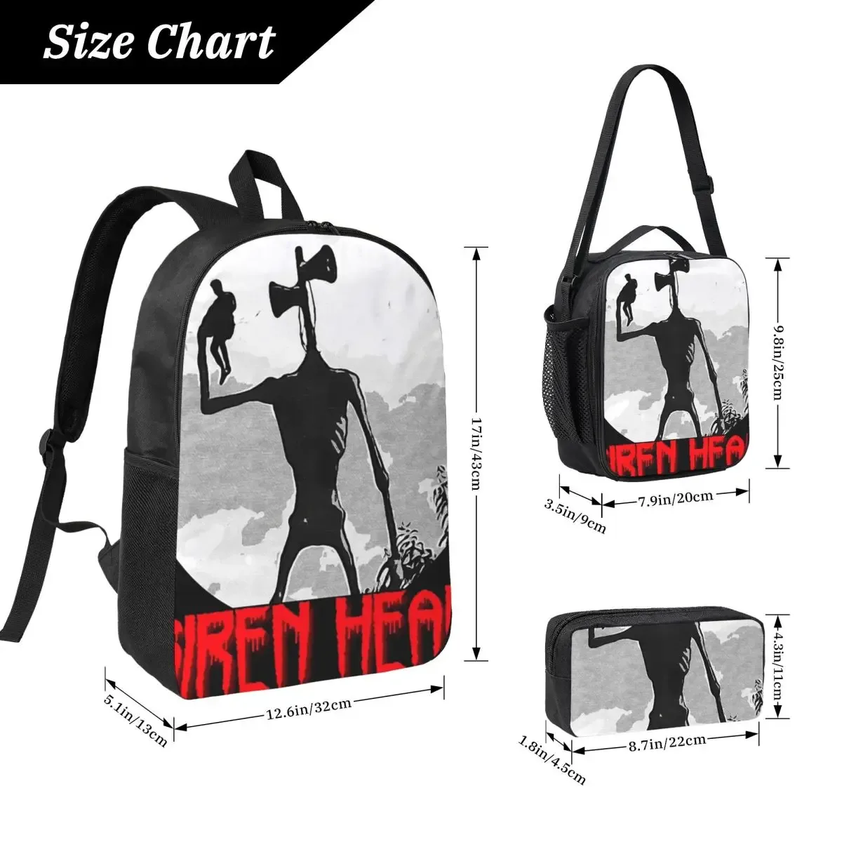 Siren Head 1 sac à dos étudiant garçons filles BookBag sac d'école ordinateur sacs à bandoulière 3ps sac à déjeuner isolé trousse à crayons