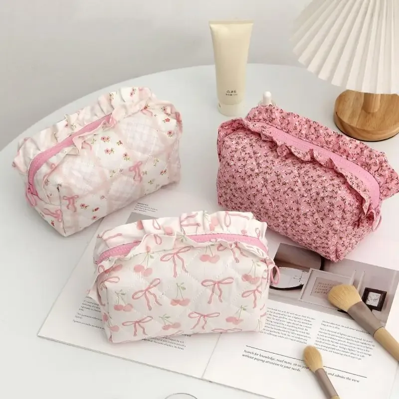 trousse de maquillage à imprimé floral, grande capacité, avec bord festonné et nœud, sac de rangement multifonctionnel pour filles, idéal pour les voyages