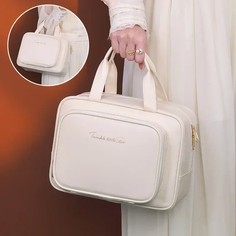 sac de maquillage de rangement portable multifonctionnel pour femmes, sac de rangement de toilette de voyage de grande capacité, nouveau sac à cosmétiques en cuir pu