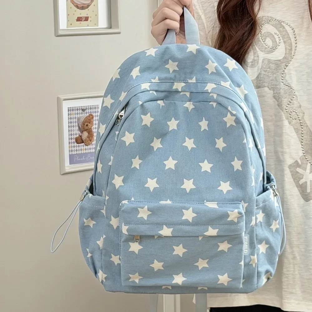Sac à dos scolaire tendance à motif à pois, grande capacité, sac de voyage décontracté à motif étoilé, nouveau sac minimaliste pour ordinateur portable, idéal pour les trajets quotidiens.
