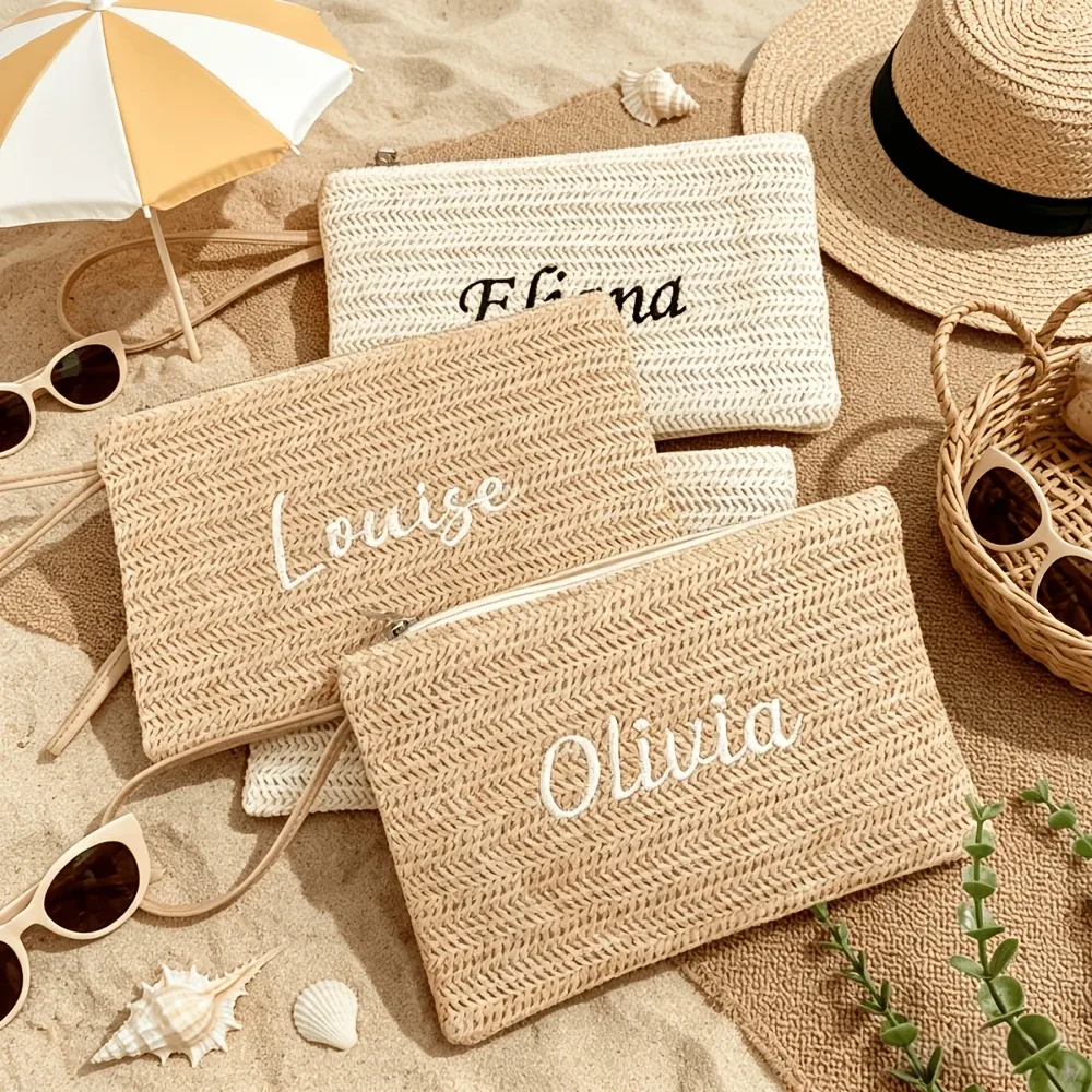 pochette à maquillage personnalisée en paille tressée, sac de rangement portable pour téléphone portable et petits accessoires divers, idéal pour une utilisation quotidienne en extérieur