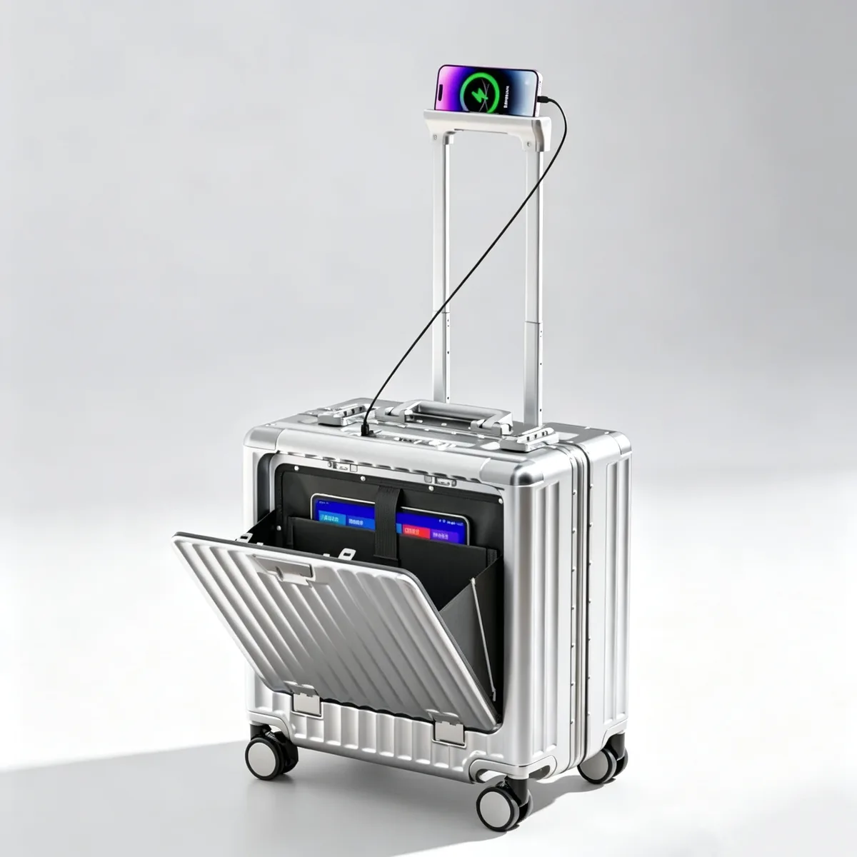 valise à ouverture frontale 18 pouces, bagage à main pour femme, valise à roulettes, coque rigide en pc avec cadre en aluminium, serrure tsa