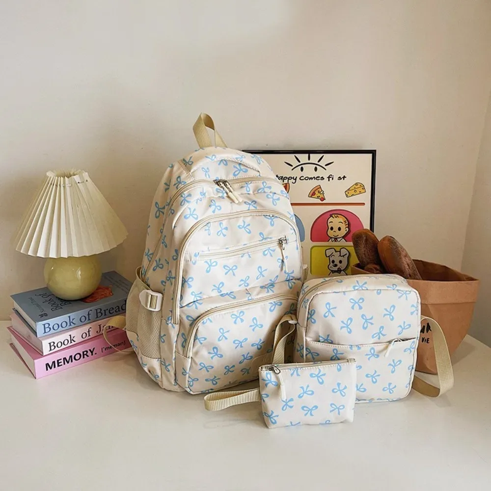 lot de 3 sacs à dos mignons grande capacité avec nœud, imprimé nœud, bretelles réglables, sac à dos d'étudiant en nylon, sac à dos de voyage