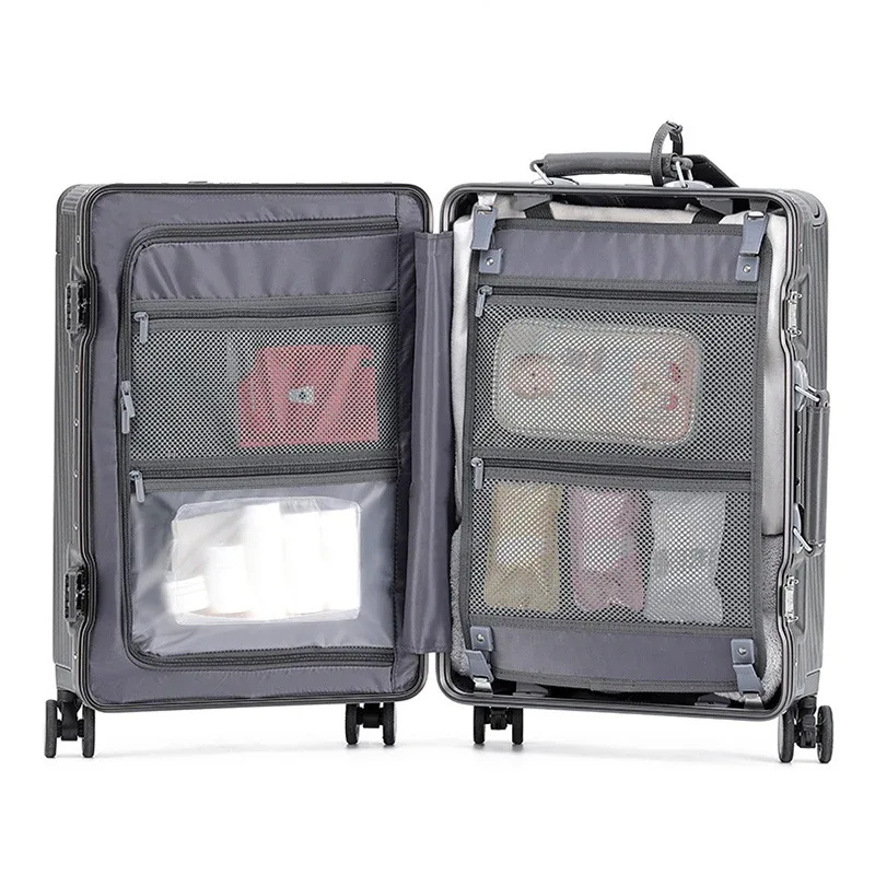 valise à roulettes de voyage d'affaires multifonctionnelle avec cadre en aluminium à ouverture frontale de 20 pouces, serrure à combinaison et poignée télescopique large