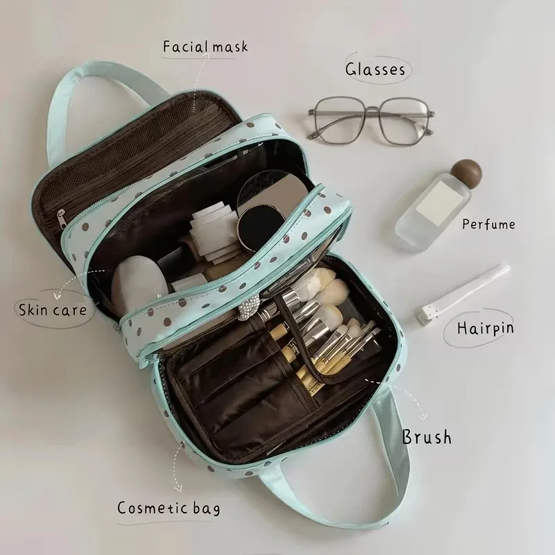 sac de maquillage portable pour femme avec pois menthe, compartiment à trois couches, sac de rangement cosmétique portable de grande capacité pour les voyages