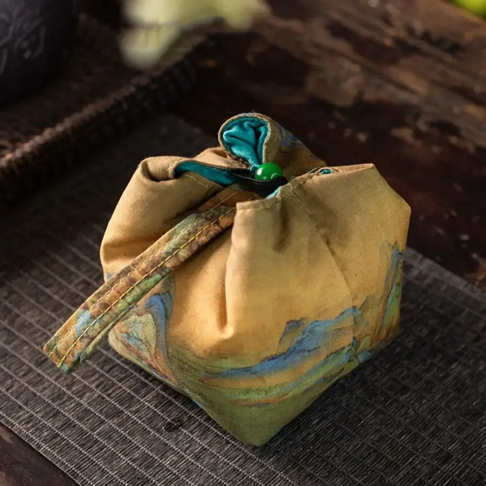 pochette en tissu à cordon de serrage pour tasse à thé de style chinois, sac de rangement portable imprimé pour service à thé, multifonctionnel, résistant à la casse