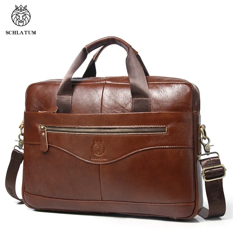 schlatum-étuis à bombes en cuir véritable pour hommes, sac d'ordinateur d'affaires de bureau, sacs à main vintage, étui à bombes pour ordinateur portable, 15.6 pouces