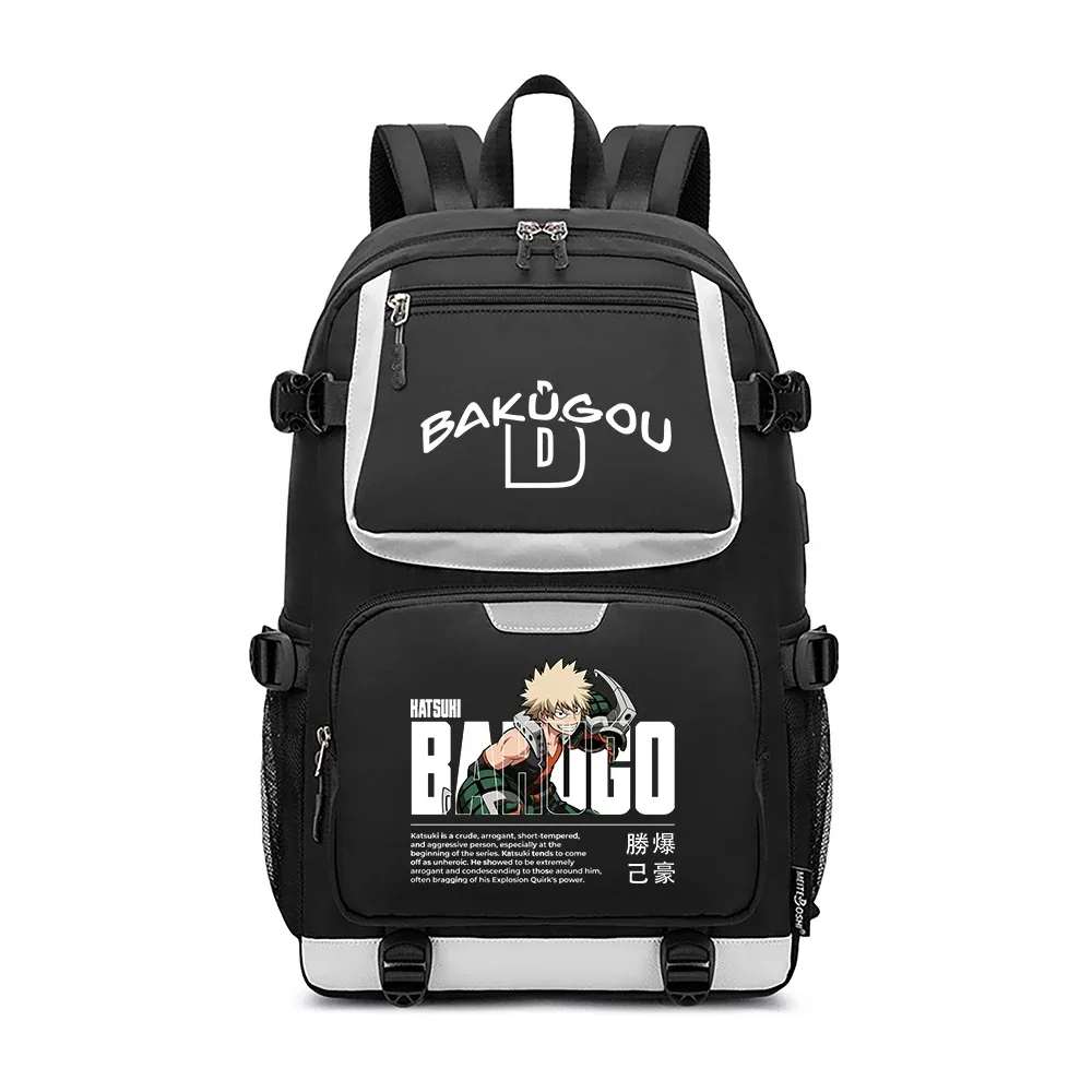 Sacs d'école MHA, sac à dos Oxford, sac à dos de voyage Bakugou Katsuki, sac à dos pour ordinateur portable avec chargement USB, sacs à bandoulière Anime