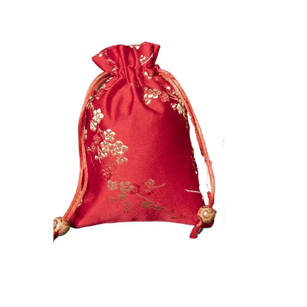 sac de rangement rétro en satin, sac cadeau à cordon brodé de fleurs, cravate à cordon de serrage, sachet pour femmes et enfants