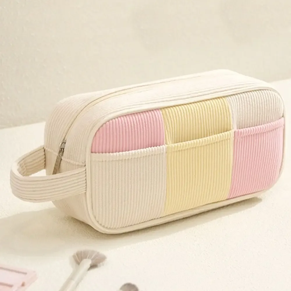 trousse de maquillage femme grande capacité motif rayé couleur macaron sac cosmétique portable à main étui de rangement maquillage