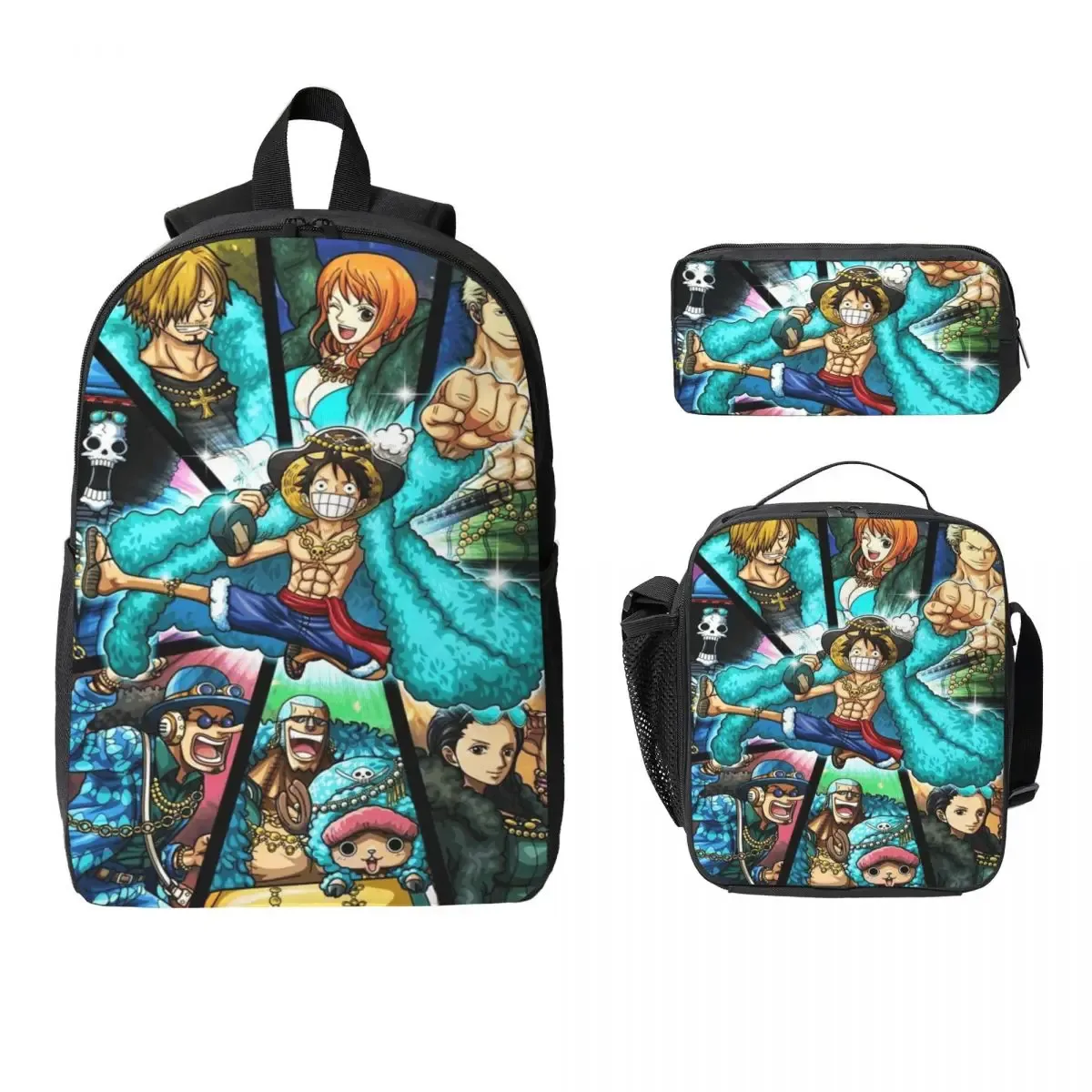 ensemble de 3 sacs à dos luffy one piece pour enfants, avec trousse à crayons, sac à livres et boîte à lunch pour les élèves.