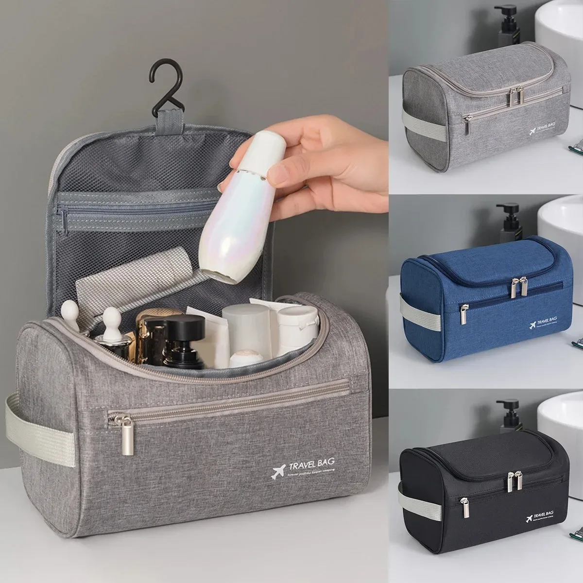 Trousse de toilette de voyage Portable, sac de rangement pliable de grande capacité, sac de rangement multifonctionnel à crochet