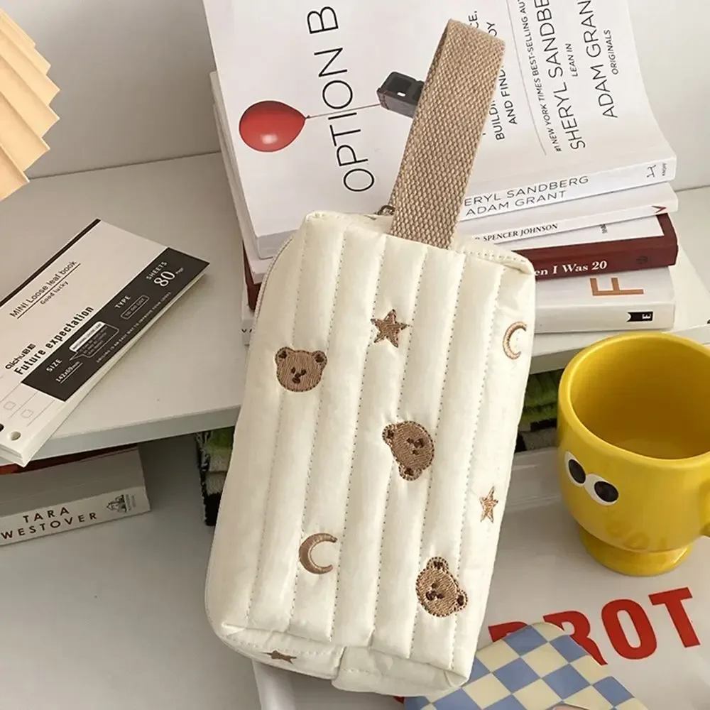 Trousse de toilette mignonne brodée, sac à cosmétiques, fermeture éclair, ours en coton, sac de maquillage, organisateur de poignet, pochette de maquillage pour femmes