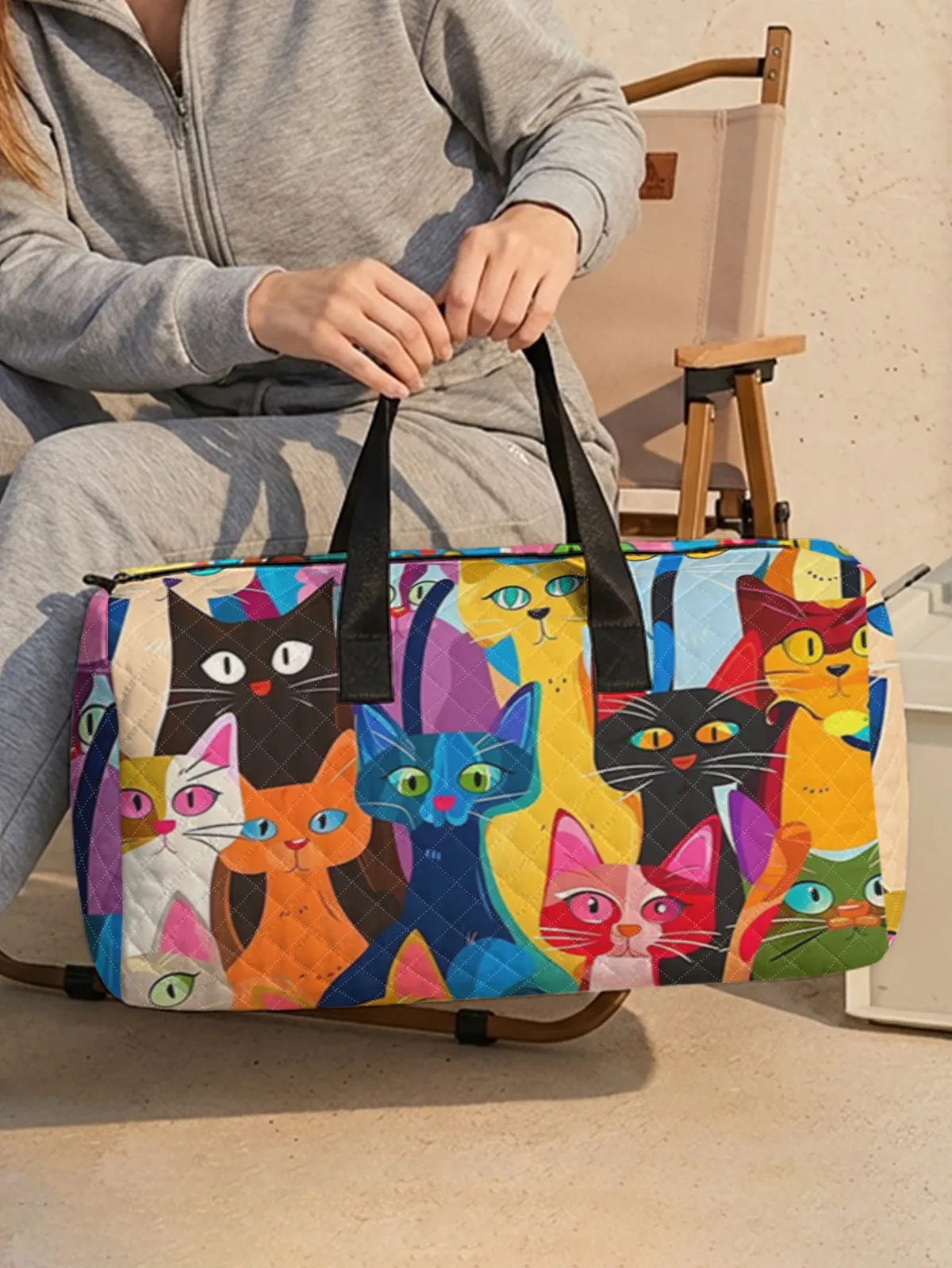 sac de sport imprimé chat de dessin animé coloré et mignon, 2 styles, sac à main portable adapté aux voyages de week-end, aux sports et aux courses, 1 pièce