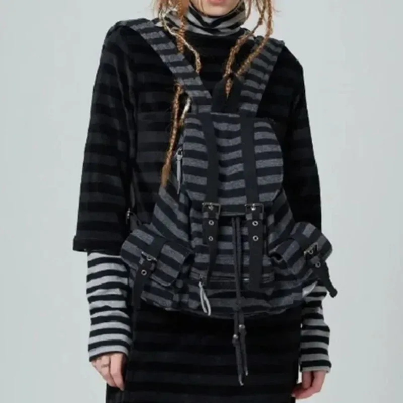 style coréen vintage rayé sac à dos nouveau y2k décontracté cordon étudiant sacs grande capacité polyvalent fourre-tout sacs kpop femmes sac