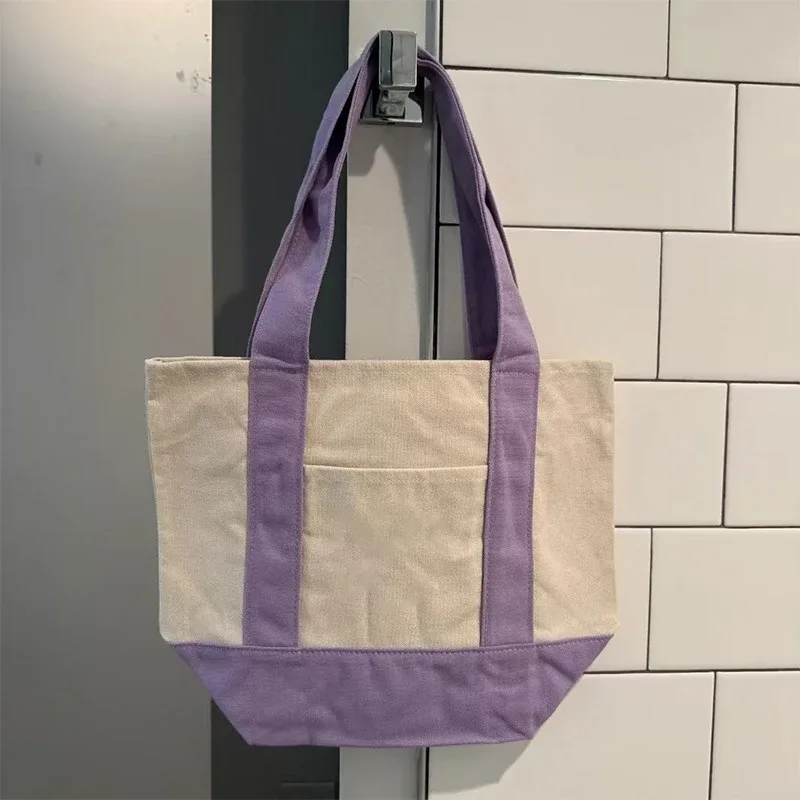 sac de shopping en toile tendance avec coutures colorées, sac à main pour trajets quotidiens, sac à bandoulière simple, doux et confortable, sac de rangement écologique pour le déjeuner