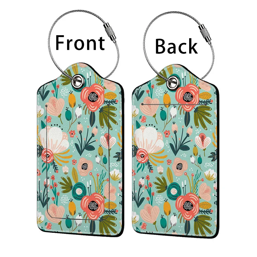 étiquette de bagage d'affaires en cuir imprimé de belles fleurs, étiquette d'adresse de valise, étui d'embarquement de bagages, clip d'adresse d'identification de nom
