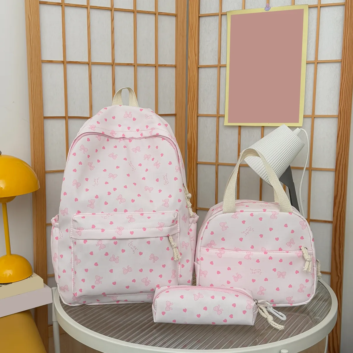 ensemble de sac à dos coquette bow love print kawaii avec boîte à lunch et trousse à crayons, sac à dos de voyage, sac d'école pour adolescentes, filles, étudiantes