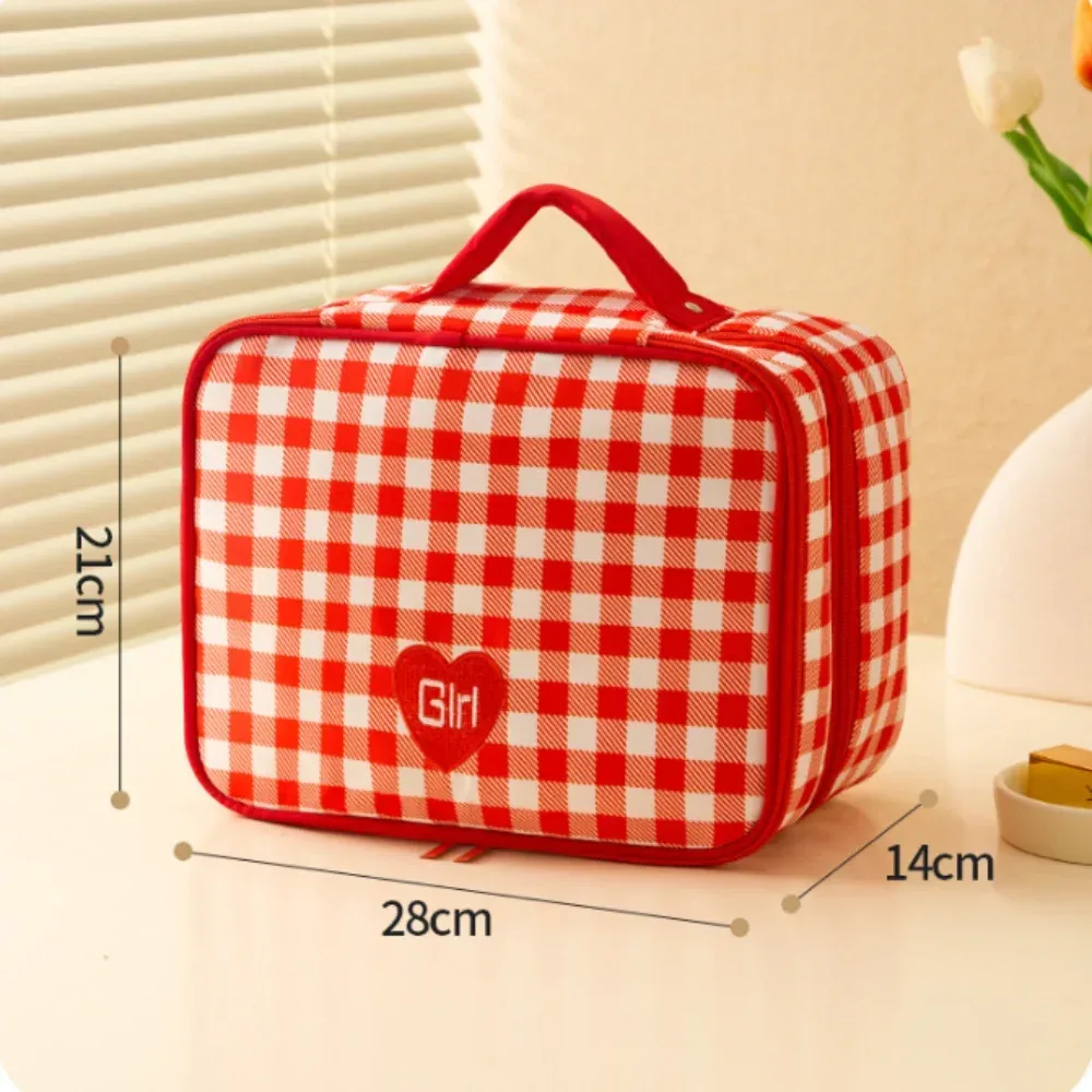 trousse de maquillage en coton matelassé, trousse de toilette portable à carreaux avec fermeture éclair, grande capacité, poudres de soin de la peau, voyage