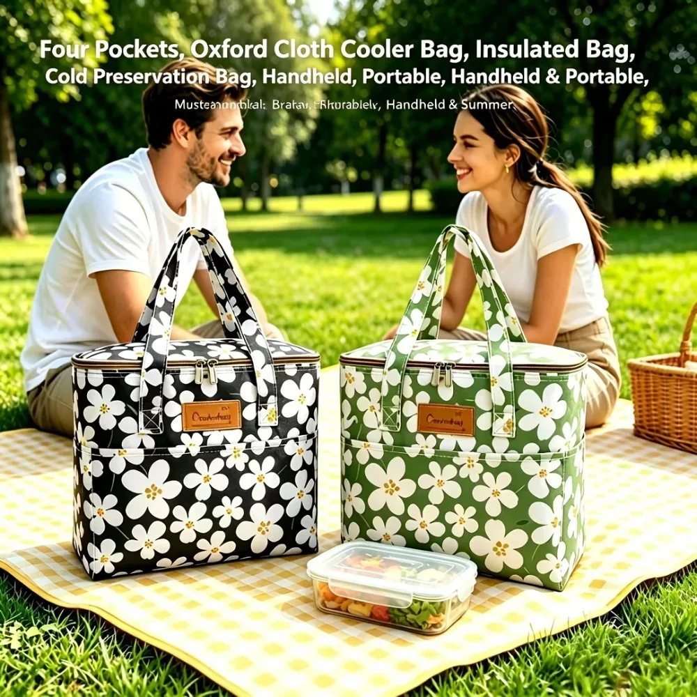 sac isotherme carré portable d'extérieur en tissu oxford imprimé à quatre poches, grande capacité, sac fourre-tout thermique multifonctionnel