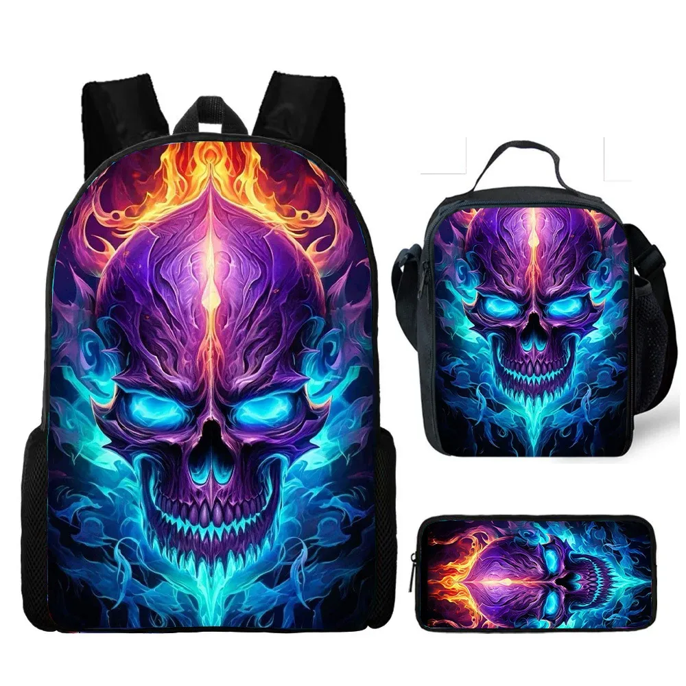 vente chaude crâne sac à dos trois pièces ensemble imprimé école primaire et secondaire sac à dos repas sac porte-crayon