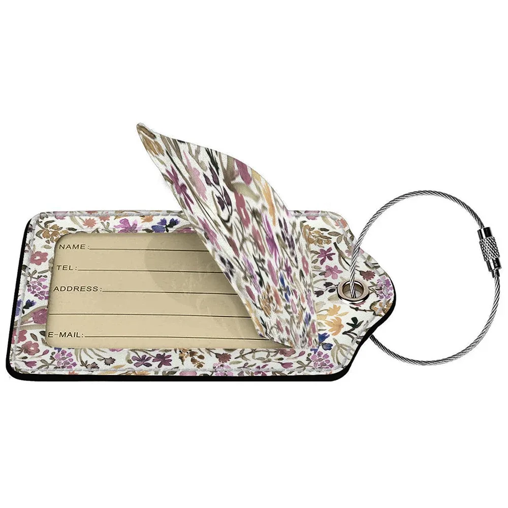 étiquette de bagage d'affaires en cuir imprimé de belles fleurs, étiquette d'adresse de valise, étui d'embarquement de bagages, clip d'adresse d'identification de nom
