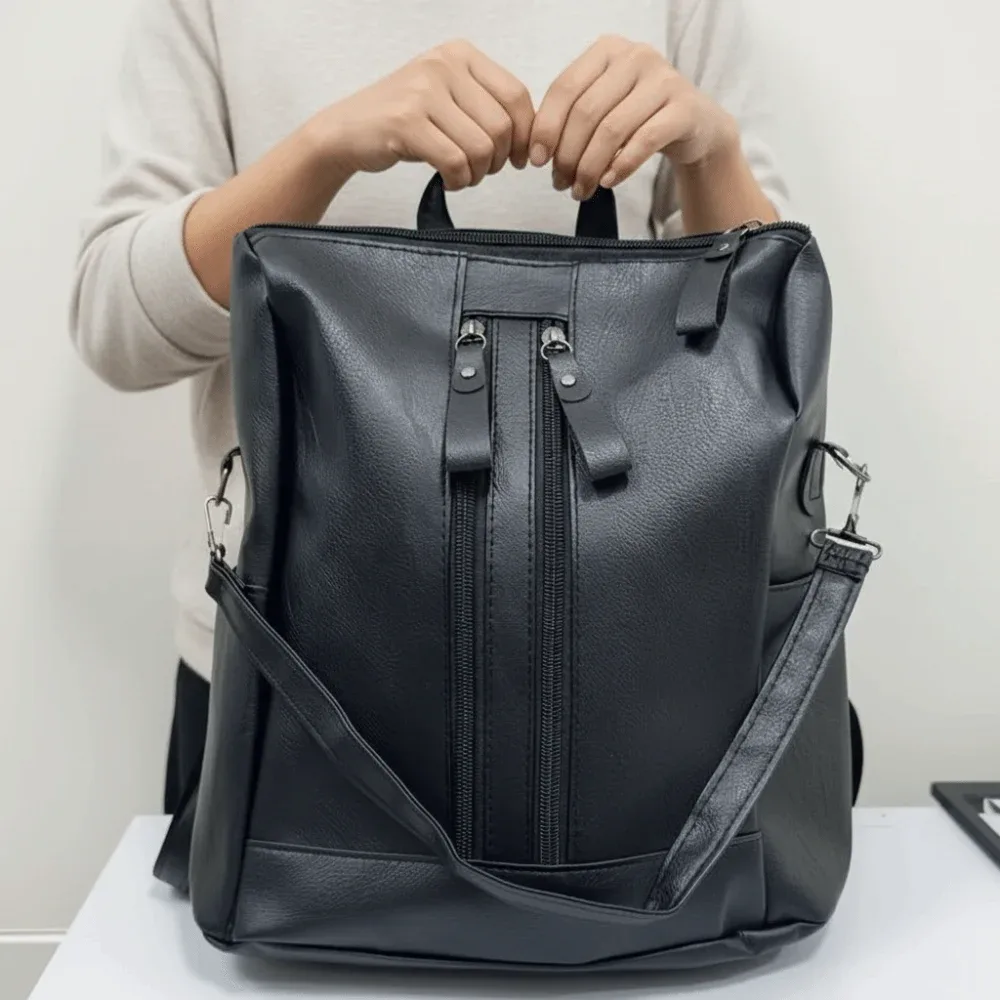 sac à dos en cuir noir, cuir souple, bretelles réglables, style coréen, grande capacité, fermeture à glissière