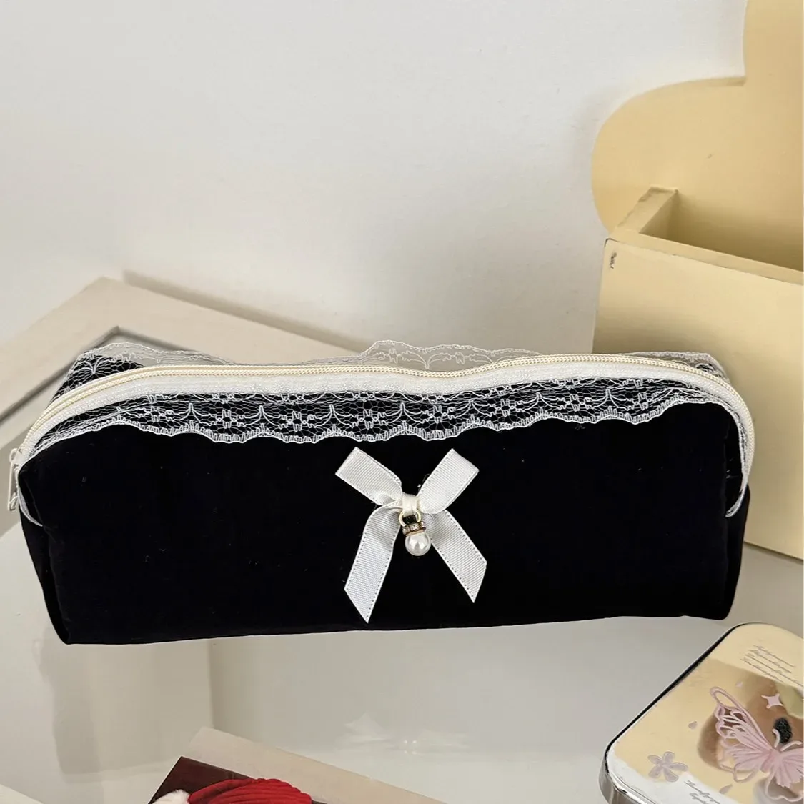 Trousse de rangement noire en dentelle pour voyage, cosmétiques, rouges à lèvres, papeterie, sacs à main de maquillage pour femmes, pochette organisatrice, trousse à crayons