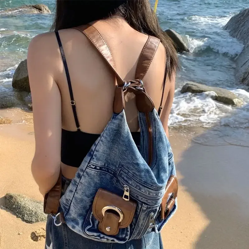 un sac à dos polyvalent pour femmes, grand sac de niche, aspect haut de gamme, grande capacité, sac à dos en denim le plus vendu
