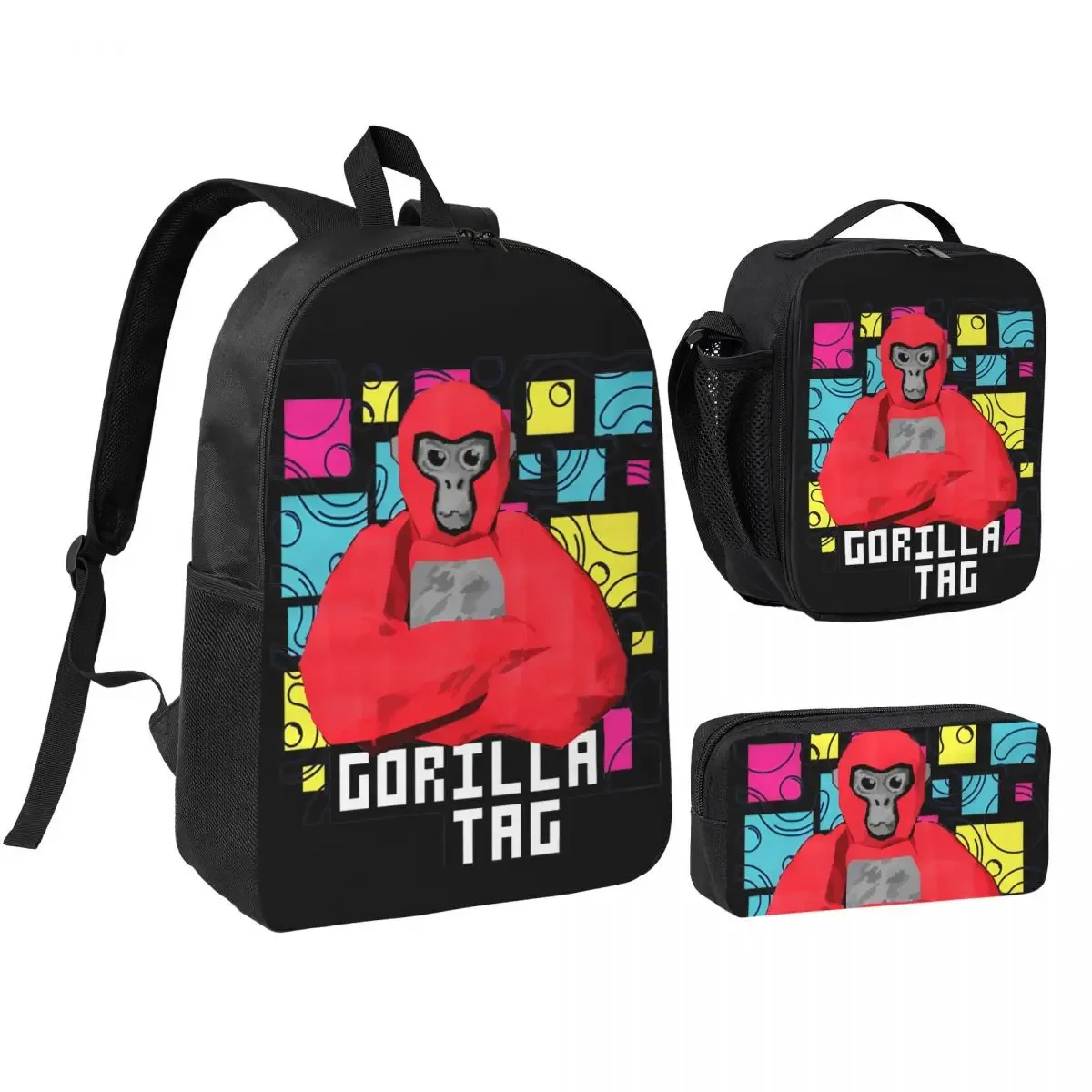 3pecs/ensemble gorilla tag vr gamer singe mosaïque sac à dos pour garçons filles retour à l'école jeux chauds sac à dos sac à déjeuner trousse à crayons