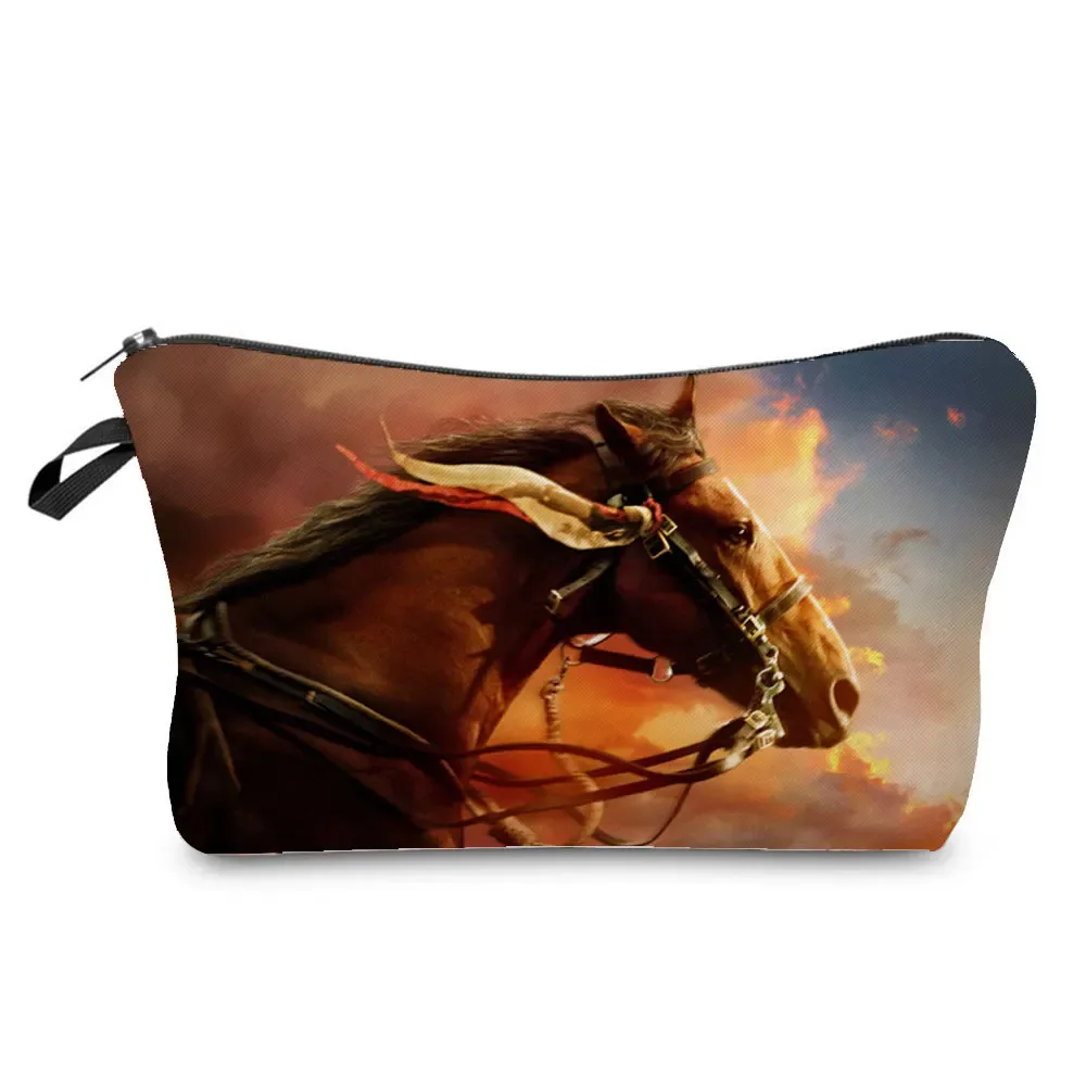 sacs de maquillage imprimés cheval pour femmes, sac à cosmétiques décontracté pour filles, mini trousse de toilette écologique réutilisable de voyage, trousse à crayons pour étudiants