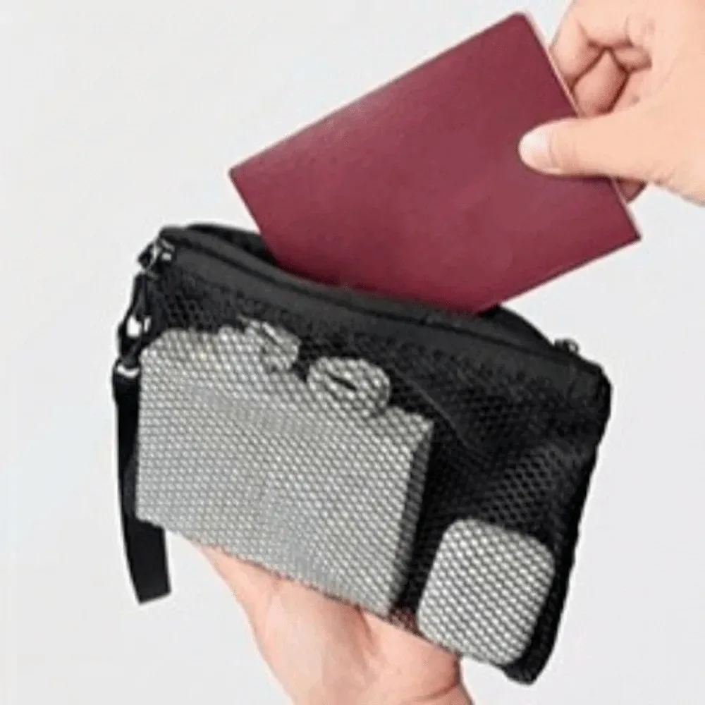 sac de rangement en maille légère, sac à cosmétiques en polyester de couleur unie, multifonctionnel avec fermeture éclair, pochette de maquillage à usage polyvalent
